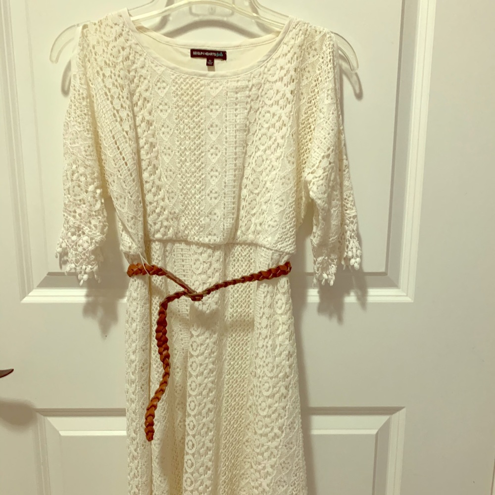 Sequin Hearts Dress, white lace, cold shoulder